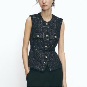Zara Black Tweed Sleeveless Jacket